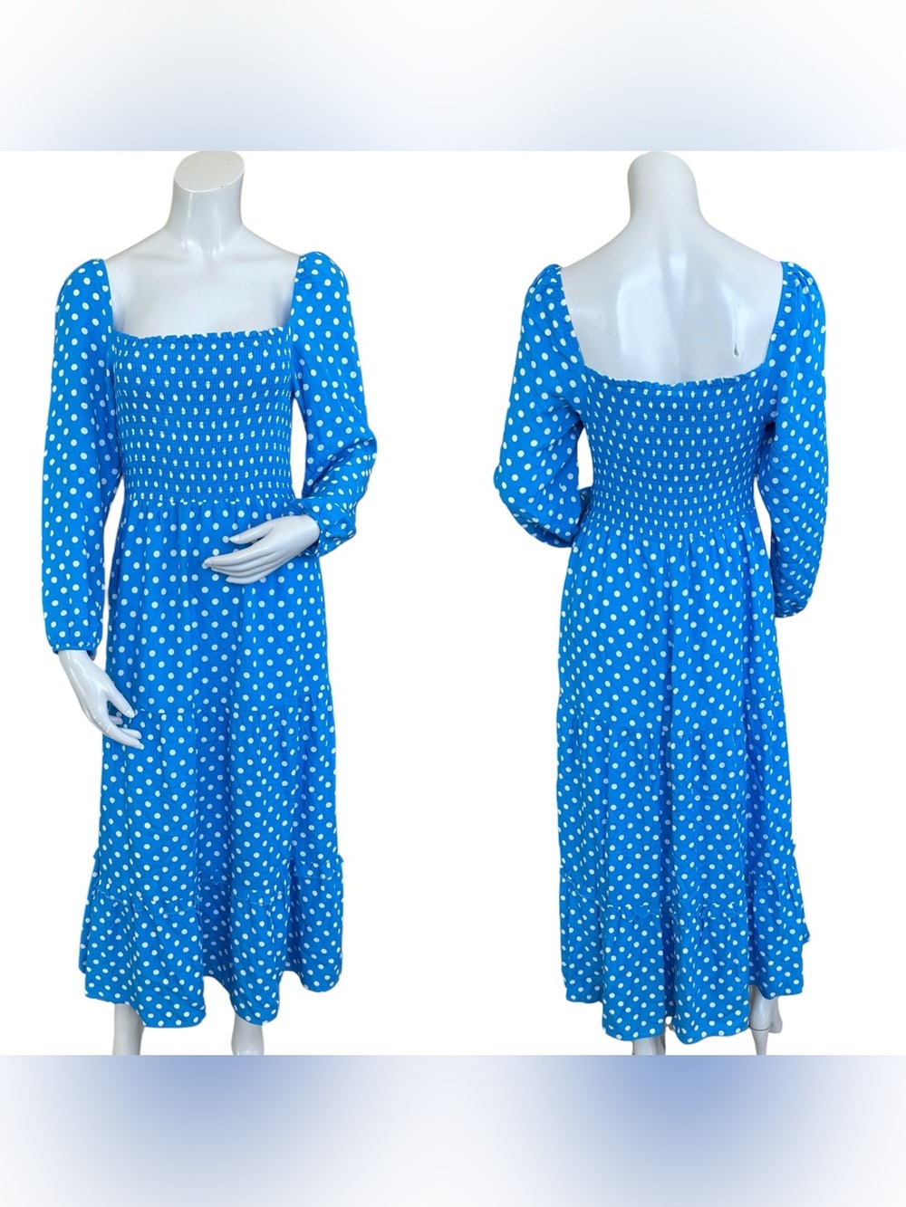 Anthropologie Dolan Blue & White Polka Dot Smocked Tiered Maxi Dress Size Medium